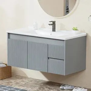 Floating Bathroom Vanity 40 Inch, Wall Mounted Bathroom Vanity with Ceramic Sink and 2 Drawers for Storage, Modern Wave-Carved Design Wooden Sink Cabinet, Grey Floating Bathroom Vanity 40 Inch, Wall Mounted Bathroom Vanity with Ceramic Sink and 2 Drawers for Storage, Modern Wave-Carved Design Wooden Sink Cabinet, Grey