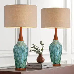 Rocco Mid Century Modern Table Lamps 30" Tall Set of 2 Blue Teal Glaze Ceramic Cherry Wood Tan Fabric Drum Shade for Cottage Core Bedroom Living Room Bedside Nightstand House Home Rocco Mid Century Modern Table Lamps 30" Tall Set of 2 Blue Teal Glaze Ceramic Cherry Wood Tan Fabric Drum Shade for Cottage Core Bedroom Living Room Bedside Nightstand House Home