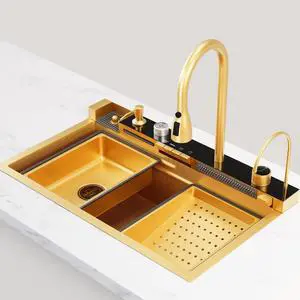 29.5 x 18 Inch Gold 304 Stainless Steel Smart Waterfall Kitchen Sink Set with Pull-down Faucet, Drain Basket, Inside-Basin, and Cutting Board, Temperature Display (29.5 x18 Inch) 29.5 x 18 Inch Gold 304 Stainless Steel Smart Waterfall Kitchen Sink Set with Pull-down Faucet, Drain Basket, Inside-Basin, and Cutting Board, Temperature Display (29.5 x18 Inch)