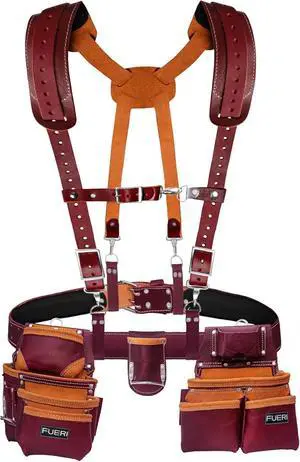 Leather Tool Belts with Suspender for Men, Heavy-Duty Durable Carpenter Tool Rig Organizer With 19 Pockets-2 Pouches, Padded Suspender, Hammer Holder, D-Loops & Foam-Padded Belt Electricians Leather Tool Belts with Suspender for Men, Heavy-Duty Durable Carpenter Tool Rig Organizer With 19 Pockets-2 Pouches, Padded Suspender, Hammer Holder, D-Loops & Foam-Padded Belt Electricians