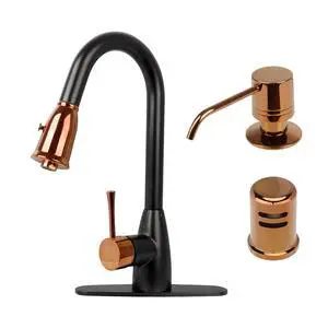 Two Tone Kitchen Faucet Set with Air Gap and Soap Dispenser, Single Handle Solid Brass High Arc Pull Down Sprayer Head Kitchen Sink Faucets with Deck Plate AK455 Two Tone Kitchen Faucet Set with Air Gap and Soap Dispenser, Single Handle Solid Brass High Arc Pull Down Sprayer Head Kitchen Sink Faucets with Deck Plate AK455