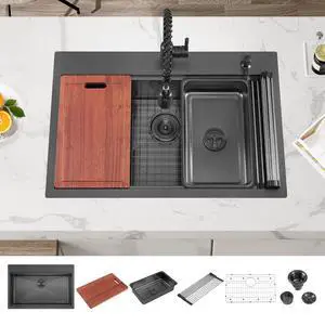 33 Inch Black Large Single Bowl Drop in Workstation Kitchen Sink,33x22 Inch Stainless Steel Handmade Workstation Ledge Drop in Kitchen Sink 33 Inch Black Large Single Bowl Drop in Workstation Kitchen Sink,33x22 Inch Stainless Steel Handmade Workstation Ledge Drop in Kitchen Sink