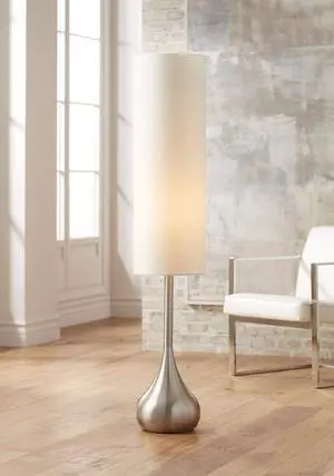 Modern Mid Century Modern Droplet-Shaped Floor Lamp 62" Tall Brushed Nickel Silver Metal Cotton Blend Cylinder Drum Shade Decor for Living Room Reading House Bedroom Home Modern Mid Century Modern Droplet-Shaped Floor Lamp 62" Tall Brushed Nickel Silver Metal Cotton Blend Cylinder Drum Shade Decor for Living Room Reading House Bedroom Home
