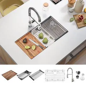 30-inch Undermount Handmade Workstation 304 Stainless Steel Kitchen Sink Single Bowl Basin Faucet Combo in With Grid cutting board colander drying rack and Strainer 30-inch Undermount Handmade Workstation 304 Stainless Steel Kitchen Sink Single Bowl Basin Faucet Combo in With Grid cutting board colander drying rack and Strainer