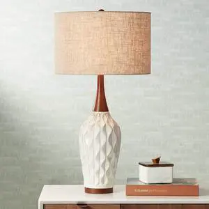 Rocco Mid Century Modern Table Lamp 30" Tall White Wave Geometric Ceramic Oak Wooden Neck Tan Fabric Drum Shade for Cottage Core Living Room Bedroom House Bedside Nightstand Home Office Rocco Mid Century Modern Table Lamp 30" Tall White Wave Geometric Ceramic Oak Wooden Neck Tan Fabric Drum Shade for Cottage Core Living Room Bedroom House Bedside Nightstand Home Office