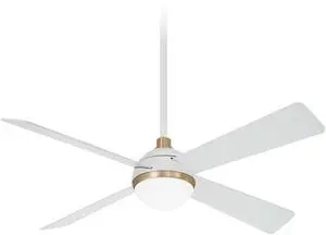 F623L-WHF/SBR Orb 54" 4-Blade LED Ceiling Fan in Flat White and Soft Brass Finish with Flat White Blades and Etched Opal Glass F623L-WHF/SBR Orb 54" 4-Blade LED Ceiling Fan in Flat White and Soft Brass Finish with Flat White Blades and Etched Opal Glass