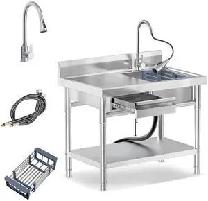Stainless Steel Utility Sink Freestanding Single Bowl Laundry Sink with Hot and Cold Water Plumbing Workbench Drawers for Laundry Room Farmhouse Indoor and Outdoor Sink Stainless Steel Utility Sink Freestanding Single Bowl Laundry Sink with Hot and Cold Water Plumbing Workbench Drawers for Laundry Room Farmhouse Indoor and Outdoor Sink