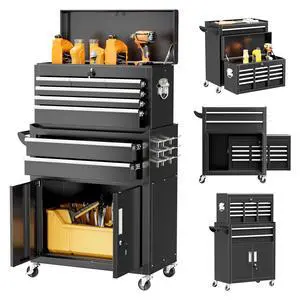 Rolling Tool Chest with Wheels, 8 Drawer Metal Tool Cart with Portable Tool Chest and Work Bench, Assembled Tool Box with Drawer and Hooks for Garage, Workshop, Warehouse - Black Rolling Tool Chest with Wheels, 8 Drawer Metal Tool Cart with Portable Tool Chest and Work Bench, Assembled Tool Box with Drawer and Hooks for Garage, Workshop, Warehouse - Black