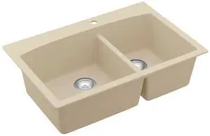 QT-711 Drop-In Quartz Composite 33 in. 1-Hole 60/40 Double Bowl Kitchen Sink in Bisque QT-711 Drop-In Quartz Composite 33 in. 1-Hole 60/40 Double Bowl Kitchen Sink in Bisque