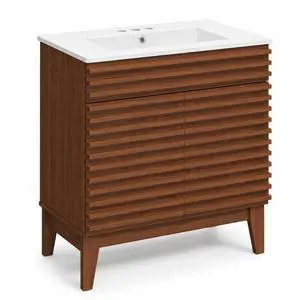 30 Inch Bathroom Vanity with Sink, Walnut Fluted Freestanding Bathroom Vanity Cabinet with Ceramic Sink Top, Solid Wood Legs, Soft Close Double Doors and Modern Storage Cabinet 30 Inch Bathroom Vanity with Sink, Walnut Fluted Freestanding Bathroom Vanity Cabinet with Ceramic Sink Top, Solid Wood Legs, Soft Close Double Doors and Modern Storage Cabinet