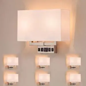 LEDMyplace 2-Light Led Indoor Wall Sconce, Sconces for Living Room with USB Ports and Outlet, E26 Base, 120V, Brushed Nickel Finish, Iron Body, White Fabric Shade, Wall Lighting, Pack of 6 LEDMyplace 2-Light Led Indoor Wall Sconce, Sconces for Living Room with USB Ports and Outlet, E26 Base, 120V, Brushed Nickel Finish, Iron Body, White Fabric Shade, Wall Lighting, Pack of 6