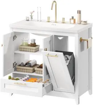 36 Inch Bathroom Vanity with Sink, Freestanding Modern Bathroom Vanity with Undermount Ceramic Sink, Storage Cabinet with Drawer and Tilt-Out Laundry Hamper Basket, Assembly Required, White 36 Inch Bathroom Vanity with Sink, Freestanding Modern Bathroom Vanity with Undermount Ceramic Sink, Storage Cabinet with Drawer and Tilt-Out Laundry Hamper Basket, Assembly Required, White