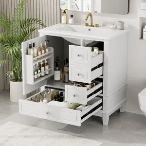 30 Inch White Bathroom Vanity with Sink,Modern Bathroom Vanity Cabinet with Integrated Countertop,3 Drawers Right Hand,Soft Closing Door with Organizer,Sliver Handles,Solid Wood Frame 30 Inch White Bathroom Vanity with Sink,Modern Bathroom Vanity Cabinet with Integrated Countertop,3 Drawers Right Hand,Soft Closing Door with Organizer,Sliver Handles,Solid Wood Frame