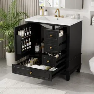 30 Inch Black Bathroom Vanity with Sink,Modern Bathroom Vanity with 3 Drawers & Gold Knobs,with Integrated Ceramic Countertop,Soft Closing Door with Storage Organizer,Solid Wood Frame 30 Inch Black Bathroom Vanity with Sink,Modern Bathroom Vanity with 3 Drawers & Gold Knobs,with Integrated Ceramic Countertop,Soft Closing Door with Storage Organizer,Solid Wood Frame