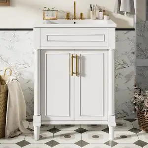 24 Inch White Bathroom Vanity with Sink,Vintage Bathroom Vanity with Adjustable Shelf & Storage Cabinet,2 Soft Closing Doors with Gold Handles,Solid Pine Wood Frame(11K) 24 Inch White Bathroom Vanity with Sink,Vintage Bathroom Vanity with Adjustable Shelf & Storage Cabinet,2 Soft Closing Doors with Gold Handles,Solid Pine Wood Frame(11K)