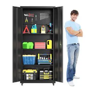 Metal Garage Storage Cabinet with Wheels, 71"H Tool Storage Cabinet with Doors and Adjustable Shelves, Locking Garage Cabinets and Storage System for Utility Home, Warehouse, Workshop, Basement Metal Garage Storage Cabinet with Wheels, 71"H Tool Storage Cabinet with Doors and Adjustable Shelves, Locking Garage Cabinets and Storage System for Utility Home, Warehouse, Workshop, Basement