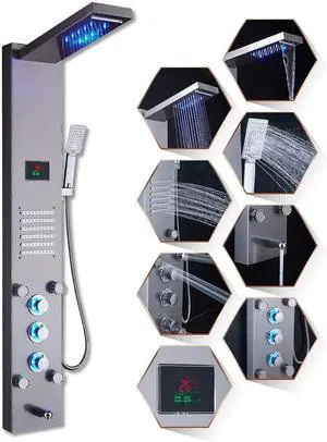 LED Rainfall Waterfall Shower Head Rain Massage System with Body Jets, Stainless Steel Bathroom Shower Panel Tower System, Brushed Nickel LED Rainfall Waterfall Shower Head Rain Massage System with Body Jets, Stainless Steel Bathroom Shower Panel Tower System, Brushed Nickel