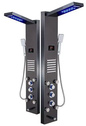 LED Shower Panel Tower System, Hydroelectricity Display Rain Massage with Jets, Brushed Black LED Shower Panel Tower System, Hydroelectricity Display Rain Massage with Jets, Brushed Black