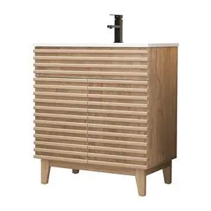 30" Bathroom Vanity with Sink Combo, Mid-Century Storage Cabinet with Wood Stripes, Large Sink and Water Saving Faucet, Walnut 30" Bathroom Vanity with Sink Combo, Mid-Century Storage Cabinet with Wood Stripes, Large Sink and Water Saving Faucet, Walnut