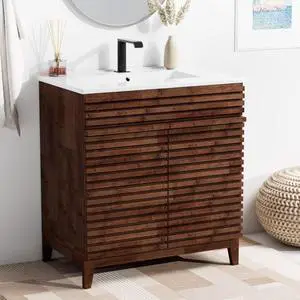 30" Nature Acacia Bathroom Vanity with 1 Hole Ceramic Sink Combo, Freestanding Vanity Cabinet with 2 Invisible Soft Closing Doors, Acacia Wood Grain 30" Nature Acacia Bathroom Vanity with 1 Hole Ceramic Sink Combo, Freestanding Vanity Cabinet with 2 Invisible Soft Closing Doors, Acacia Wood Grain