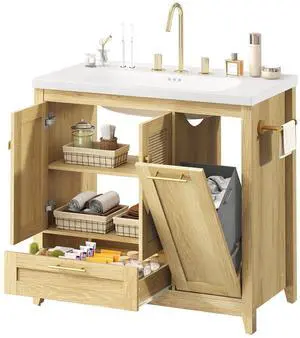 36" Bathroom Vanity with Ceramic Sink, Freestanding Storage Cabinet with Drawer and Tilt-Out Laundry Basket, Bathroom Storage Cabinet, Assembly Required, Natural 36" Bathroom Vanity with Ceramic Sink, Freestanding Storage Cabinet with Drawer and Tilt-Out Laundry Basket, Bathroom Storage Cabinet, Assembly Required, Natural