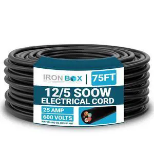 IronBox Electric - 12/5 Bulk Cable - SOOW Jacket - 12 Gauge,5 Wire - Rated for 600V,25A - Water & Oil Resistant Cable for Indoor/Outdoor Use - Ideal for Generators, Circuits & Data Centers (75 feet) IronBox Electric - 12/5 Bulk Cable - SOOW Jacket - 12 Gauge,5 Wire - Rated for 600V,25A - Water & Oil Resistant Cable for Indoor/Outdoor Use - Ideal for Generators, Circuits & Data Centers (75 feet)