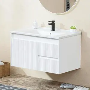 Floating Bathroom Vanity 32 Inch, Wall Mounted Bathroom Vanity with Ceramic Sink and 2 Drawers for Storage, Modern Wave-Carved Design Wooden Sink Cabinet, White Floating Bathroom Vanity 32 Inch, Wall Mounted Bathroom Vanity with Ceramic Sink and 2 Drawers for Storage, Modern Wave-Carved Design Wooden Sink Cabinet, White