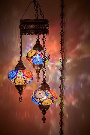 Plug-in Turkish Hanging Lamp, Handmade Moroccan Mosaic Chandelier Pendant Light Fixture with 15-ft Cord & Chain, Decorative Ceiling Lamp for Living Room, Bedroom, 3 Large 7'' Globes, 3.5 ft Plug-in Turkish Hanging Lamp, Handmade Moroccan Mosaic Chandelier Pendant Light Fixture with 15-ft Cord & Chain, Decorative Ceiling Lamp for Living Room, Bedroom, 3 Large 7'' Globes, 3.5 ft