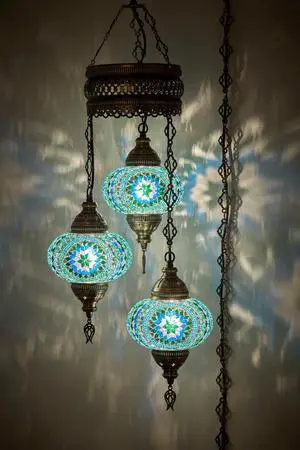 Plug-in Turkish Hanging Lamp, Handmade Moroccan Mosaic Chandelier Pendant Light Fixture with 15-ft Cord & Chain, Decorative Ceiling Lamp for Living Room, Bedroom, 3 Large 7'' Globes, 3.5 ft Plug-in Turkish Hanging Lamp, Handmade Moroccan Mosaic Chandelier Pendant Light Fixture with 15-ft Cord & Chain, Decorative Ceiling Lamp for Living Room, Bedroom, 3 Large 7'' Globes, 3.5 ft
