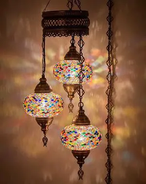 Plug-in Turkish Hanging Lamp, Handmade Moroccan Mosaic Chandelier Pendant Light Fixture with 15-ft Cord & Chain, Decorative Ceiling Lamp for Living Room, Bedroom, 3 Large 7'' Globes, 3.5 ft Plug-in Turkish Hanging Lamp, Handmade Moroccan Mosaic Chandelier Pendant Light Fixture with 15-ft Cord & Chain, Decorative Ceiling Lamp for Living Room, Bedroom, 3 Large 7'' Globes, 3.5 ft