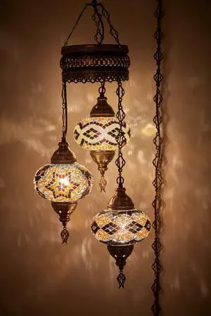 Plug-in Turkish Hanging Lamp, Handmade Moroccan Mosaic Chandelier Pendant Light Fixture with 15-ft Cord & Chain, Decorative Ceiling Lamp for Living Room, Bedroom, 3 Large 7'' Globes, 3.5 ft Plug-in Turkish Hanging Lamp, Handmade Moroccan Mosaic Chandelier Pendant Light Fixture with 15-ft Cord & Chain, Decorative Ceiling Lamp for Living Room, Bedroom, 3 Large 7'' Globes, 3.5 ft