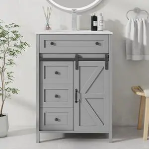 24 Inch Bathroom Vanity with 4 Drawers and Sliding Door, Freestanding Bathroom Storage Cabinet with Sink Combo, Vintage Vanity Cabinet with Ceramic Sink, Faucet, Drain, Light Grey 24 Inch Bathroom Vanity with 4 Drawers and Sliding Door, Freestanding Bathroom Storage Cabinet with Sink Combo, Vintage Vanity Cabinet with Ceramic Sink, Faucet, Drain, Light Grey