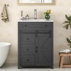 24 Inch Bathroom Vanity with 4 Drawers and Sliding Door, Freestanding Bathroom Storage Cabinet with Sink Combo, Vintage Vanity Cabinet with Ceramic Sink, Faucet, Drain, Grey 24 Inch Bathroom Vanity with 4 Drawers and Sliding Door, Freestanding Bathroom Storage Cabinet with Sink Combo, Vintage Vanity Cabinet with Ceramic Sink, Faucet, Drain, Grey