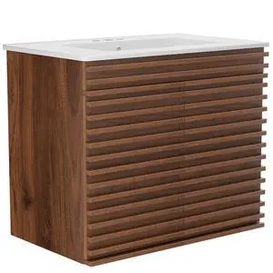 30" Bathroom Vanity with Ceramic Sink Combo, Mid-Century Wall Mounted Floating Vanity Cabinet with 2 Closing Doors, Wood Grain Texture, Walnut 30" Bathroom Vanity with Ceramic Sink Combo, Mid-Century Wall Mounted Floating Vanity Cabinet with 2 Closing Doors, Wood Grain Texture, Walnut
