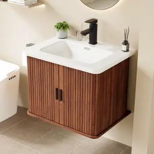 24 Inch Floating Bathroom Vanity with Sink, Wall Mounted Bath Vanity Combo with Fluted Sliding Doors, Small Space Bathroom Cabinet with Ceramic Vessel Sink, Faucet & Drain Included (Walnut) 24 Inch Floating Bathroom Vanity with Sink, Wall Mounted Bath Vanity Combo with Fluted Sliding Doors, Small Space Bathroom Cabinet with Ceramic Vessel Sink, Faucet & Drain Included (Walnut)