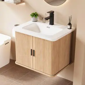 24 Inch Floating Bathroom Vanity with Sink, Wall Mounted Bath Vanity Combo with Fluted Sliding Doors, Small Space Bathroom Cabinet with Ceramic Vessel Sink, Faucet & Drain Included (Natural Oak) 24 Inch Floating Bathroom Vanity with Sink, Wall Mounted Bath Vanity Combo with Fluted Sliding Doors, Small Space Bathroom Cabinet with Ceramic Vessel Sink, Faucet & Drain Included (Natural Oak)