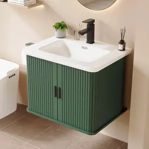 24 Inch Floating Bathroom Vanity with Sink, Wall Mounted Bath Vanity Combo with Fluted Sliding Doors, Small Space Bathroom Cabinet with Ceramic Vessel Sink Drain Included (Green) 24 Inch Floating Bathroom Vanity with Sink, Wall Mounted Bath Vanity Combo with Fluted Sliding Doors, Small Space Bathroom Cabinet with Ceramic Vessel Sink Drain Included (Green)