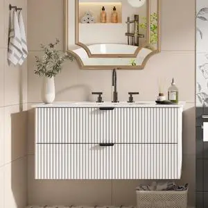 Bathroom Vanity 36 inch with Sink, Floating Bathroom Vanity, White Ceramic Sink & Double Drawers, Soft-Close Design, Wall Mount Bathroom Cabinet, Modern Floating 36" Vanity Bathroom Vanity 36 inch with Sink, Floating Bathroom Vanity, White Ceramic Sink & Double Drawers, Soft-Close Design, Wall Mount Bathroom Cabinet, Modern Floating 36" Vanity