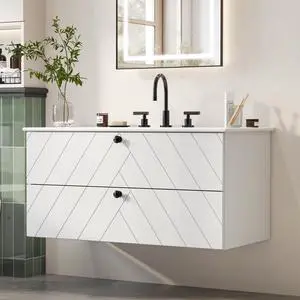 36 Inch Floating Bathroom Vanity with Sink, Wall Mounted Floating Cabinet with 2 Large Storage Drawers & Black Metal Handle, Modern Bathroom Sink Cabinet with Ceramic Basin Combo 36 Inch Floating Bathroom Vanity with Sink, Wall Mounted Floating Cabinet with 2 Large Storage Drawers & Black Metal Handle, Modern Bathroom Sink Cabinet with Ceramic Basin Combo
