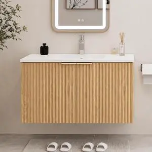 Modern Bathroom Vanity with Wavy Textured Doors - Wall Mounted Floating Cabinet, Soft-Close Waterproof Storage for Small Bathroom, Easy Install (Nature with Sink, 36) Modern Bathroom Vanity with Wavy Textured Doors - Wall Mounted Floating Cabinet, Soft-Close Waterproof Storage for Small Bathroom, Easy Install (Nature with Sink, 36)