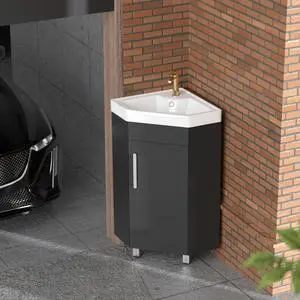 24" Corner Bathroom Vanity Sink for Small Space Freestanding Compact Space Bathroom Storage Cabinet with White Ceramic Sink & Adjustable Shelf, Black 24" Corner Bathroom Vanity Sink for Small Space Freestanding Compact Space Bathroom Storage Cabinet with White Ceramic Sink & Adjustable Shelf, Black