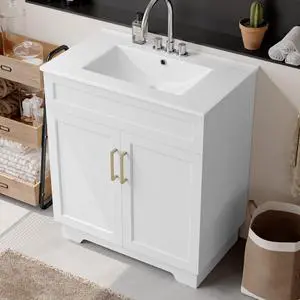Bathroom Vanity with Ceramic Sink, Quick Assembly 30 Inch Double Door Bathroom Cabinet Vanity with Wooden Frame and Storage, White Bathroom Vanity with Ceramic Sink, Quick Assembly 30 Inch Double Door Bathroom Cabinet Vanity with Wooden Frame and Storage, White