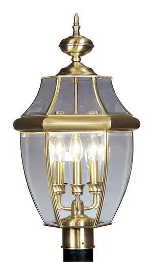 Lighting 2354-01 Monterey 3 Light Outdoor Antique Brass Finish Solid Brass Post Head with Clear Beveled Glass Lighting 2354-01 Monterey 3 Light Outdoor Antique Brass Finish Solid Brass Post Head with Clear Beveled Glass