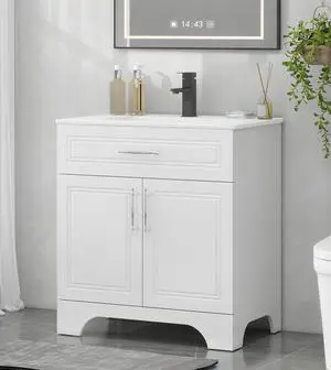 30" Bathroom Vanity with Sink Combo, Modern Bathroom Storage Cabinet Set with Tip-Out Drawer and 2 Soft Closing Door, Ceramic Undermount Sink with Faucet and Pop-up Drain Set, White 30" Bathroom Vanity with Sink Combo, Modern Bathroom Storage Cabinet Set with Tip-Out Drawer and 2 Soft Closing Door, Ceramic Undermount Sink with Faucet and Pop-up Drain Set, White