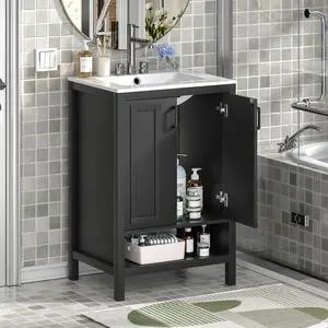 24" Bathroom Vanity with Ceramic Sink, Modern Black Bathroom Sink Set with 2 Doors and Open Shelf, Space-Saving Sink Cabinet for Small Bathrooms (Faucet Not Included) 24" Bathroom Vanity with Ceramic Sink, Modern Black Bathroom Sink Set with 2 Doors and Open Shelf, Space-Saving Sink Cabinet for Small Bathrooms (Faucet Not Included)