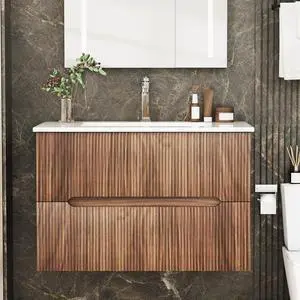 30 Inch Bathroom Vanity with Sink, Floating Bathroom Vanity with Ceramic Basin, Wall Mounted Bathroom Sink Cabinet Set with 2 Soft-Close Drawers, Faucet & Pop Up Drain, Walnut 30 Inch Bathroom Vanity with Sink, Floating Bathroom Vanity with Ceramic Basin, Wall Mounted Bathroom Sink Cabinet Set with 2 Soft-Close Drawers, Faucet & Pop Up Drain, Walnut