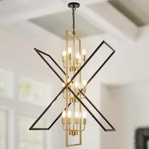 Black and Gold Chandelier, 12-Light Industrial Farmhouse Ceiling Pendant Light Fixture, Modern Foyer Lighting for High Ceilings, Kitchen Island, Entryway Black and Gold Chandelier, 12-Light Industrial Farmhouse Ceiling Pendant Light Fixture, Modern Foyer Lighting for High Ceilings, Kitchen Island, Entryway