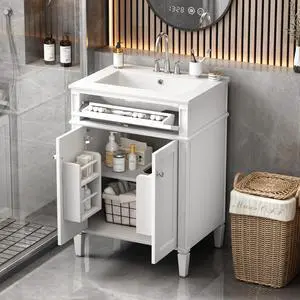 24" Bathroom Vanity with Ceramic Sink, Modern Bathroom Storage Cabinet with 2 Soft Closing Doors and Tip-Out Drawer, Solid Wood Frame Bathroom Vanities, Easy Assembly 24" Bathroom Vanity with Ceramic Sink, Modern Bathroom Storage Cabinet with 2 Soft Closing Doors and Tip-Out Drawer, Solid Wood Frame Bathroom Vanities, Easy Assembly