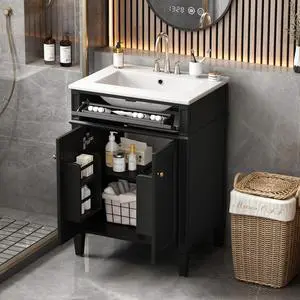 24" Bathroom Vanity with Ceramic Sink, Modern Bathroom Storage Cabinet with 2 Soft Closing Doors and Tip-Out Drawer, Solid Wood Frame Bathroom Vanities, Easy Assembly 24" Bathroom Vanity with Ceramic Sink, Modern Bathroom Storage Cabinet with 2 Soft Closing Doors and Tip-Out Drawer, Solid Wood Frame Bathroom Vanities, Easy Assembly