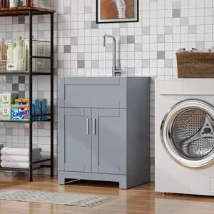 24 inch Laundry Sink with Cabinet Stainless Steel Utility Silver Sink Laundry Cabinet for Laundry Room, Kitchen, Bathroom, Indoor, Gray 24 inch Laundry Sink with Cabinet Stainless Steel Utility Silver Sink Laundry Cabinet for Laundry Room, Kitchen, Bathroom, Indoor, Gray